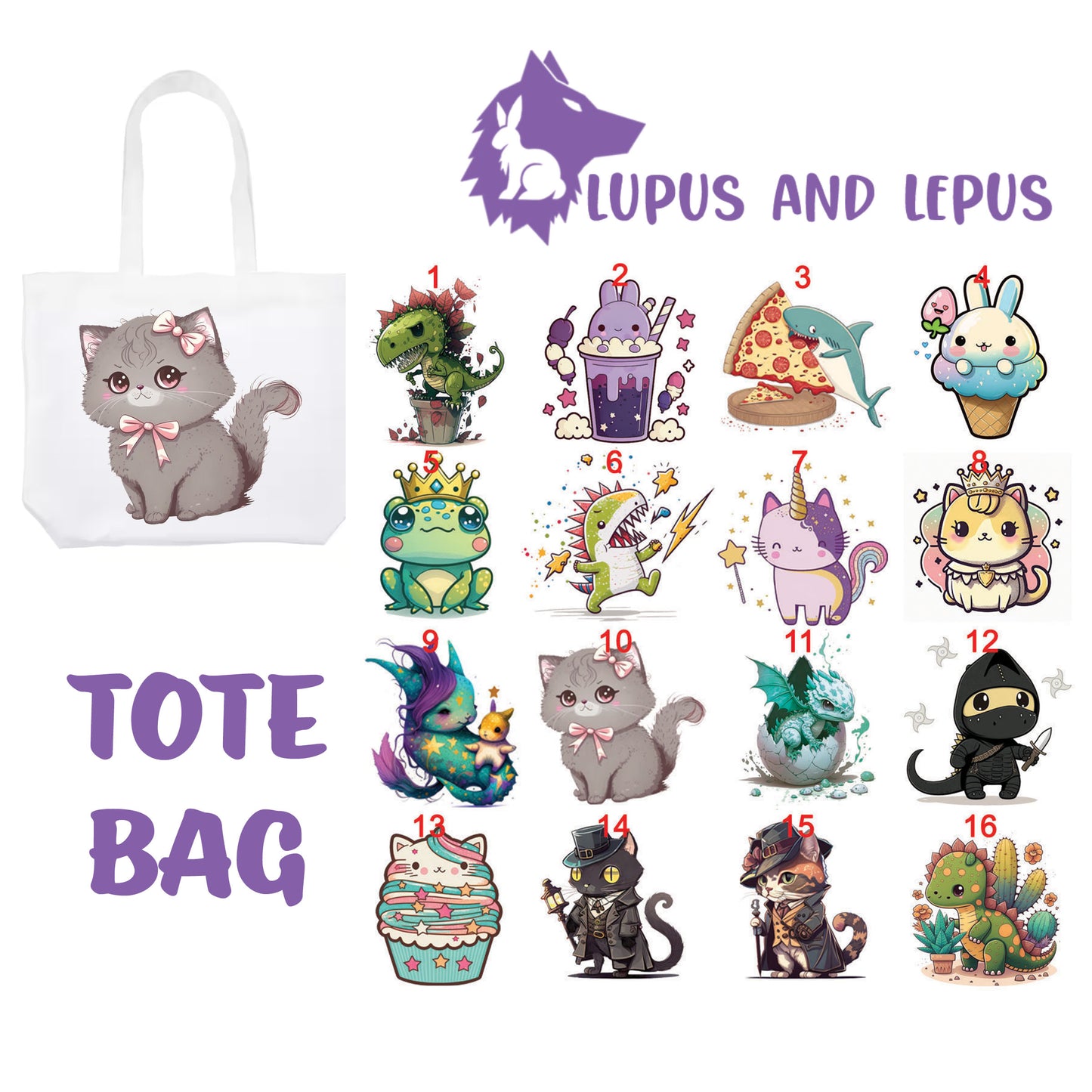TOTE BAG 8 - My Art tote bag, dragons, colorful, cat, cats, boba, dino, baby dino, boba bunny, cupcake, ninja, frog,